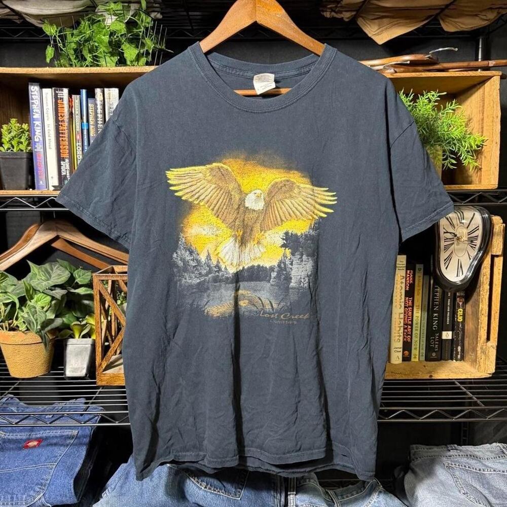 Vintage Y2K Bald Eagle Nature Tee Mens Large Faded Black Gold Wilderness Shirt
